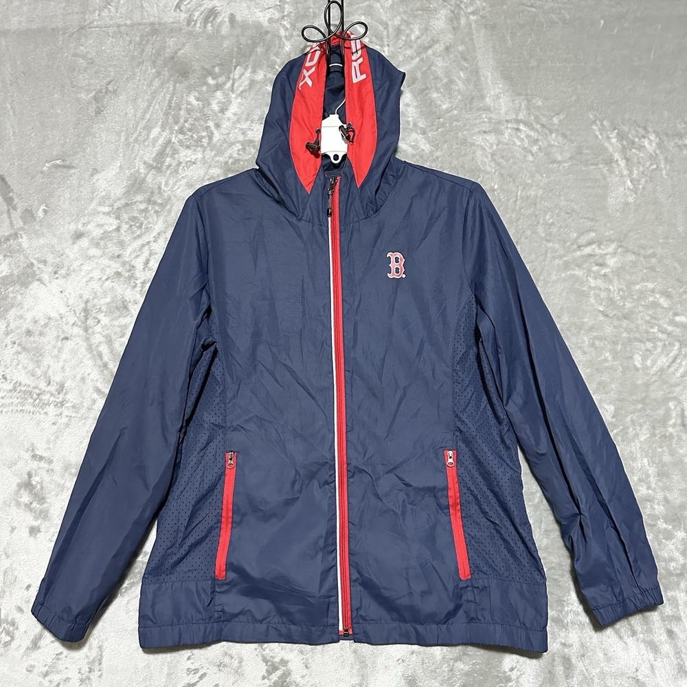 Boston Red Sox Full Zip Hooded Windbreaker Jacket Mens Size L Blue Lightweight